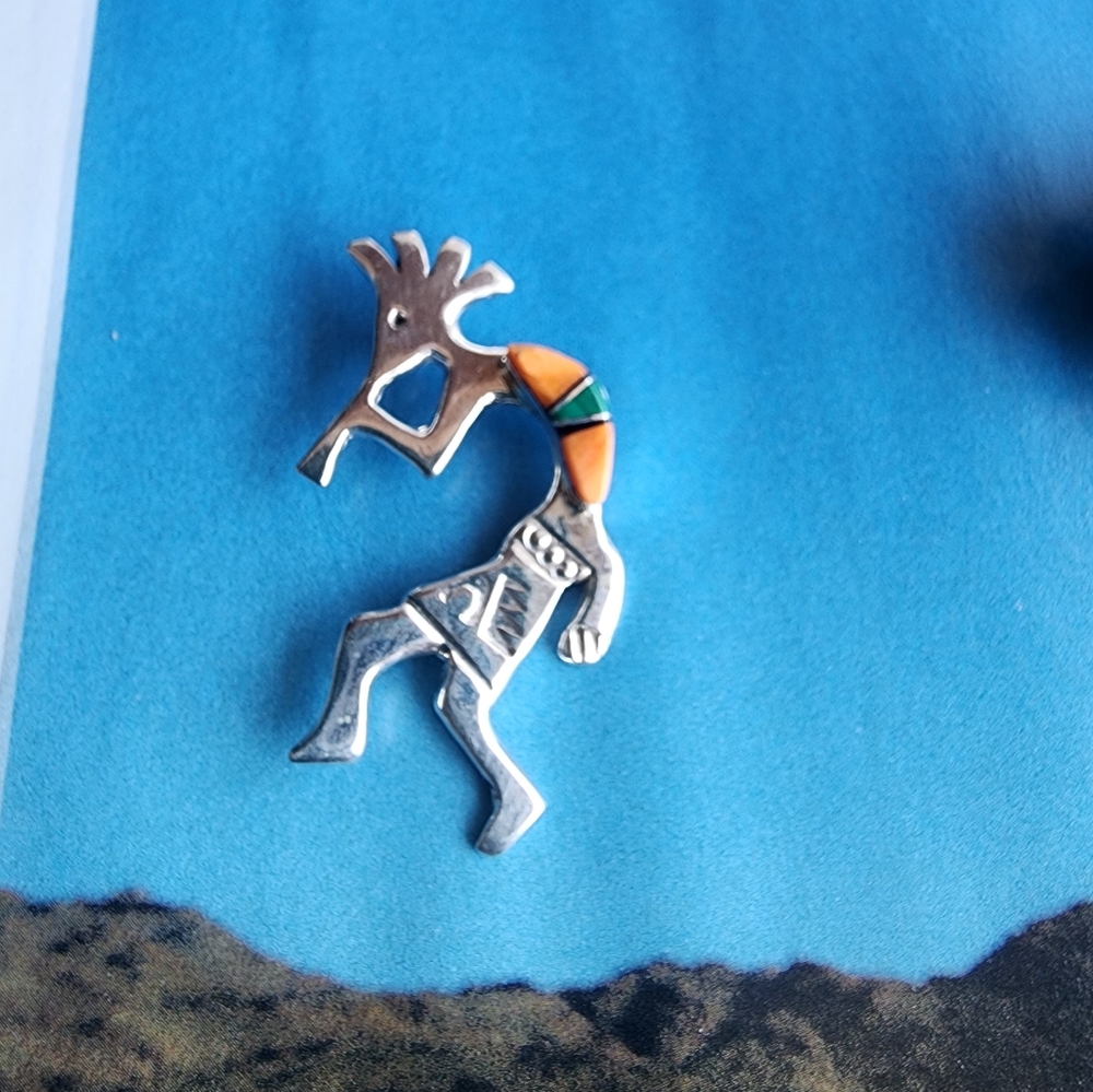 Silver Kokopelli Brooch with Apple Coral and Malachite Accents~ - Picture 8 of 8